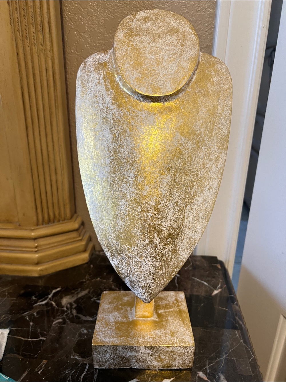 Gold and White Distressed Jewelry Bust Stand - Home Art Sculpture